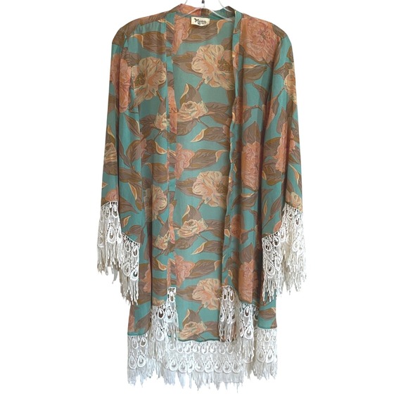 Show Me Your Mumu Floral Kimono Duster Turquoise Coral Lace Fringe Medium - Picture 5 of 12